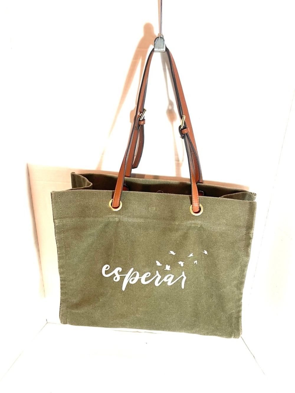 Olive Green Canvas Tote Bag “Esperar” Travel Carryall | Large Weekender Shopper